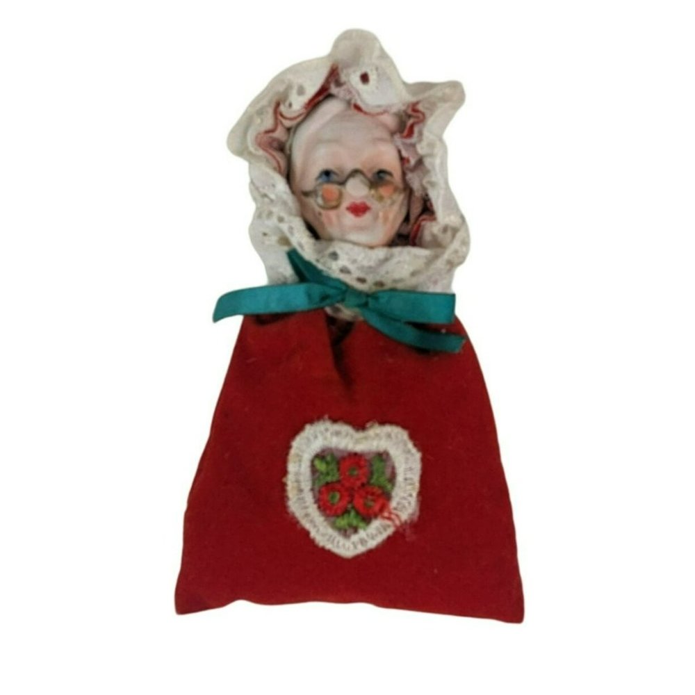 Vintage Victorian Mrs. Claus Bisque Porcelain Head In Sack Christmas Ornament